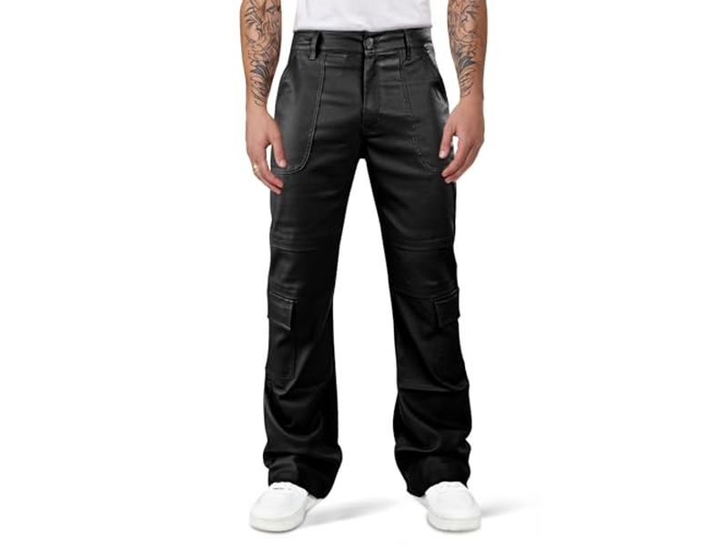Faux Leather Cargo Pants Flared Bell Bottoms with Pockets