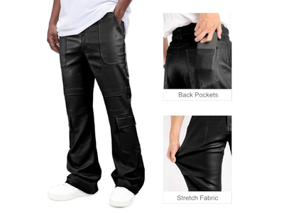 Faux Leather Cargo Pants Flared Bell Bottoms with Pockets