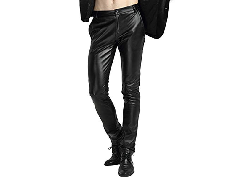 Men's Skinny Straight Leg Tapered Pu Faux Leather Motorcycle Biker Pants