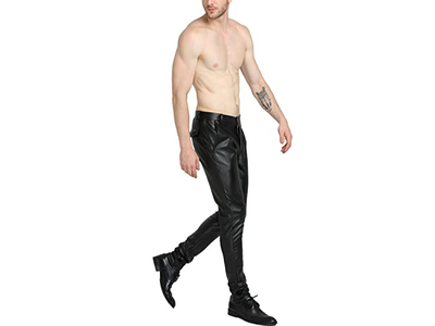 Men's Skinny Straight Leg Tapered Pu Faux Leather Motorcycle Biker Pants