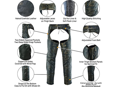 Mens Distressed Brown Leather Motorcycle Riding Chaps