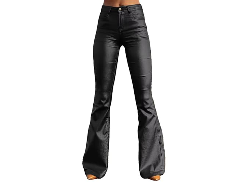 PU Leather High Waist Flare Legs Vintage Pocket